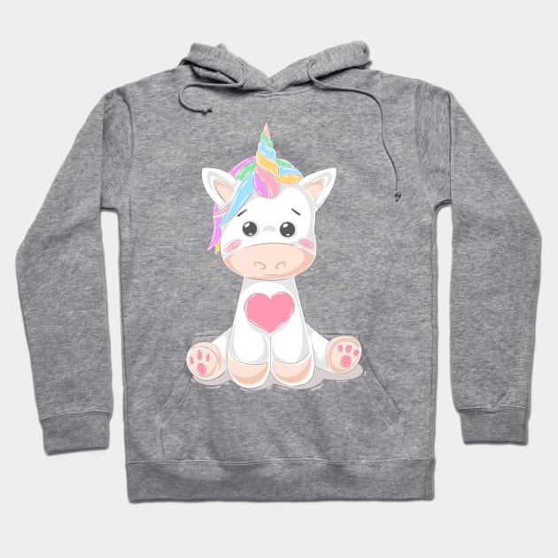 Cute Little Unicorn With Heart, Line Drawing White, Pink, Purple, Green & Yellow Hoodie by Vegan Squad